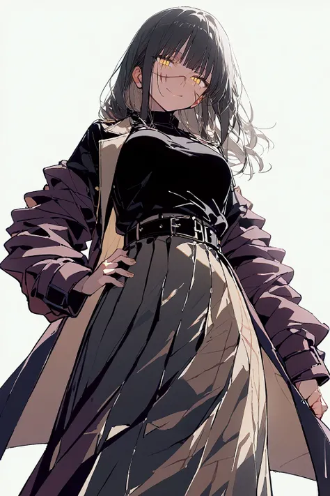 1girl, solo, scar, black_hair, looking_at_viewer, scar_on_face, long_hair, simple_background, yellow_eyes, ringed_eyes, belt, white_background, scar_on_cheek, coat, skirt, shirt, hand_on_hip, bangs, black_shirt, black_belt, long_sleeves, breasts, smile, lo...