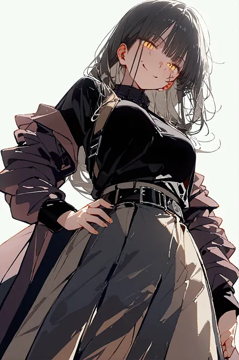 1girl, solo, scar, black_hair, looking_at_viewer, scar_on_face, long_hair, simple_background, yellow_eyes, ringed_eyes, belt, white_background, scar_on_cheek, coat, skirt, shirt, hand_on_hip, bangs, black_shirt, black_belt, long_sleeves, breasts, smile, lo...