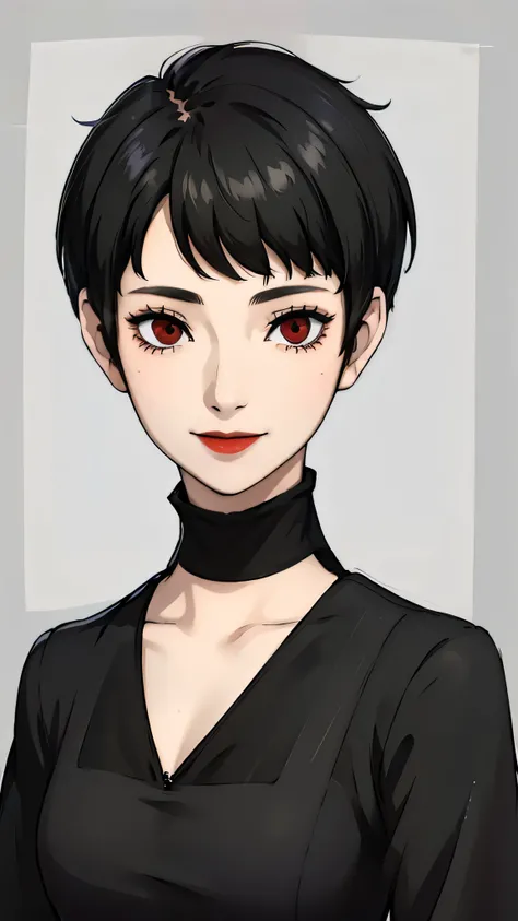 1 girl, very Short hair, tomboy Pixie haircut, black hair, red eyes, black lipstick, black lipstick, black choker, bangs, smile, front face, dress, face portrait