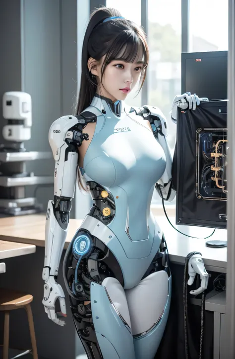 masterpiece, Best Quality, Extremely detailed, (Photorealistic:1.4), (8K, 4K, Best Quality, hight resolution, 超A high resolution:1.1), 8K Portrait,korean android girl,Plump , announcer,control panels,android,Droid,Mechanical Hand, ,Robot arms and legs, Bla...