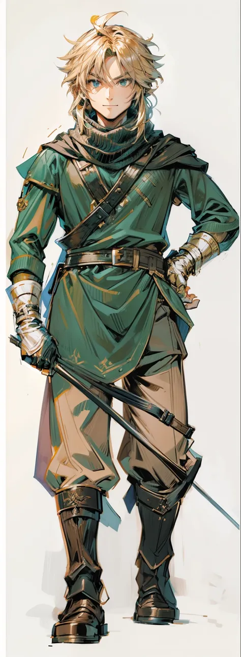 (Link:1)(Warrior:1), (adult man:1.33), standing, full body, military combat boots, beige military pants, (black gloves) , (narrow eyebrows:0.33), (confident:1.4), (clenching fists:0.33), scarf, holding riding crop,male,confident,strong,tall, from_below, do...