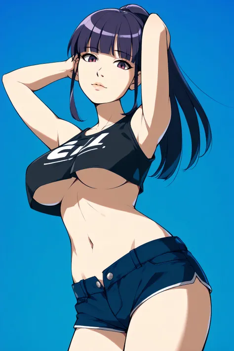 1girl,solo，Blue Background，huge breasts, crop top, short shorts, underboob, High Ponytail，Unbelievably long hair，cowboy shot,,looking at viewer，Simple style，wide angle,Dynamic Angle，(bangs_pinned_back:1.5),(head_tilt:1.7),(cuvrybody:1.1)，Lively posture，Fro...