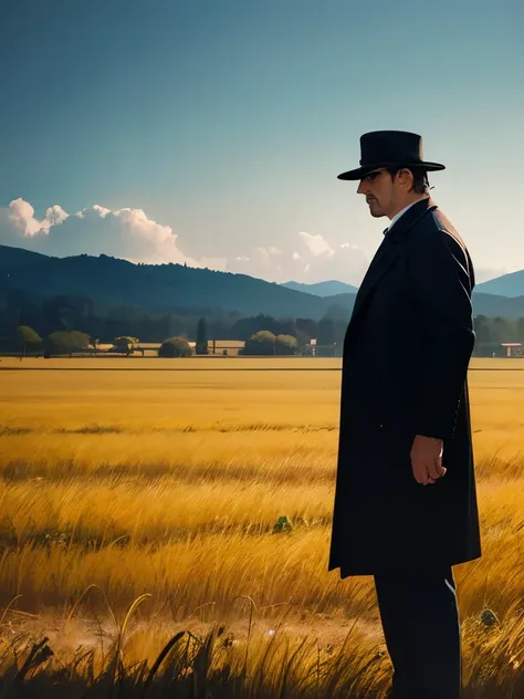 arafed man in a black coat and hat standing in a field, an album cover inspired by Cristache Gheorghiu, flickr, fantastic realism, scene from the movie godfather, the godfather, navid negahban, clean from scene from twin peaks, handsome man, godfather, a s...