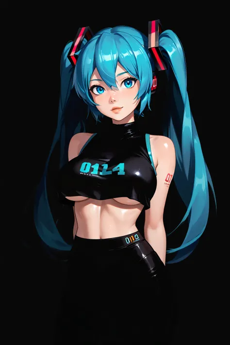 Hatsune Miku from Vocaloid, big breasts, blue hair,  blue eyes, tight crop top, underboob, cleavage, panties, arms behind back, shiny skin, black background, looking at viewer, 