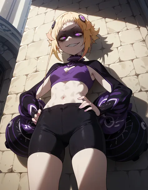 1girl, blonde hair, , black shorts, bike shorts, lookin under, , wall, smile, purple brassiere, from below,evil,shaded face(eye in shadow)