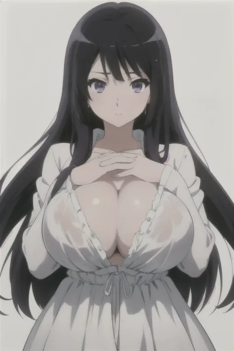 solo, 1girl, ((big tits)), looking at viewer, 2D, anime, anime coloring, (solid white background:1.3), irina, white dress shirt, cleavage, looking at viewer, closed mouth, emotionless, wet clothes,  upperbody, hands on tits