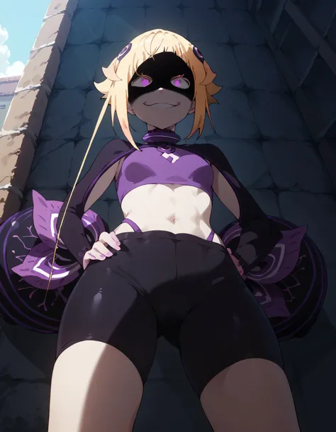 1girl, blonde hair, , , bike shorts, lookin under, , wall, smile, purple brassiere, from below,evil,shaded face(eye in shadow)