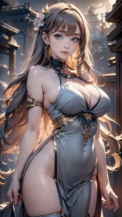 (masterpiece,best quality,ultra-detailed),1girl, large breast, glowing eyes, long hair, beautiful and detailed face, detailed eyes,night,dust particles in the air,((grey theme)),((((dust theme)))),