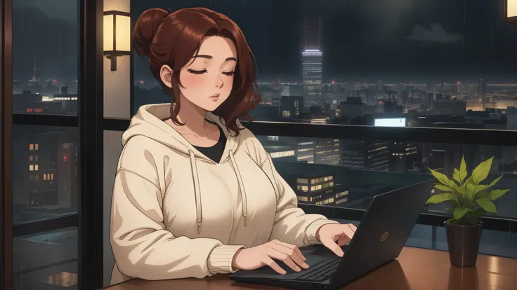 "A cozy room night scene rainy featuring A woman big bobs with short wavy auburn hair tied in a loose bun, wearing a lush cream hoodie and fit jeans, The woman is focused on typing on a laptop placed on the desk. Behind her, a large glass window reveals a ...