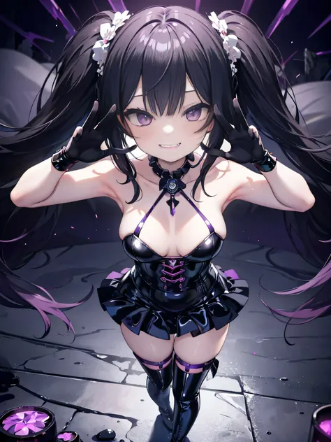 ((Highest quality)), (masterpiece)), (detailed: 1.4), Disorganized solutions、High resolution、(masterpiece:1.4)、Super detailed、Beautiful girl、Highest quality、masterpiece、Very detailed、(1 person):1.4、(Black latex)、、Twin tails、Short Twin tails、choker、:1.1,(Sh...