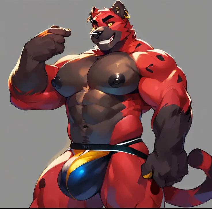 Solo, anthro, male (((panther, yellow eyes, black pupils, muscular, huge pecs, abs, black nipples, black areola, red body, red fur, white spots, black nose, black eyebrows, teeth, ear piercing, tail, white jockstrap, big bulge))) standing, flexing, holding...