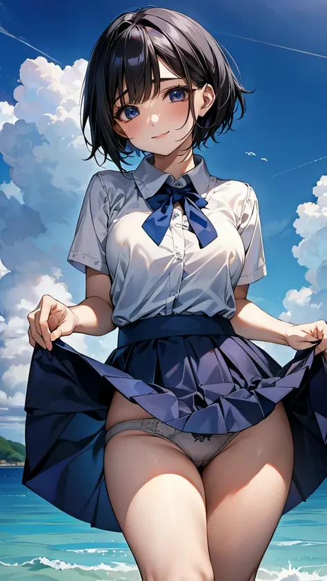  1 girl、Black Bob Hair、 best smile、plain white short-sleeved shirt with boobs in close contact 、Big breasted braless 、 shirt with transparent boobs 、 fluffy flared skirt with blue miniskirt 、 lift up the blue miniskirt and show off the cute white panties、P...