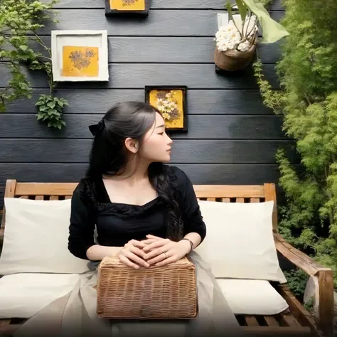 arafed woman sitting on a bench in a garden with a basket, youtube video screenshot, smooth in _ the background, ruan cute vtuber, sitting in the garden, inspired by Ruth Jên, a young asian woman, with backdrop of natural light, inspired by Tang Yifen, ins...