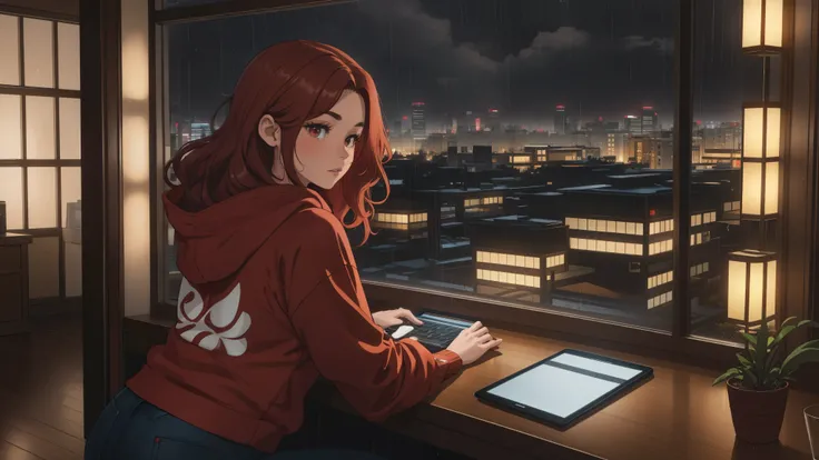 "A cozy room night scene rainy featuring A woman with short wavy auburn hair, wearing a lush red hoodie and fit jeans, The woman is focused on typing on a laptop placed on the desk. Behind her, a large glass window reveals a view of a Japanese city during ...