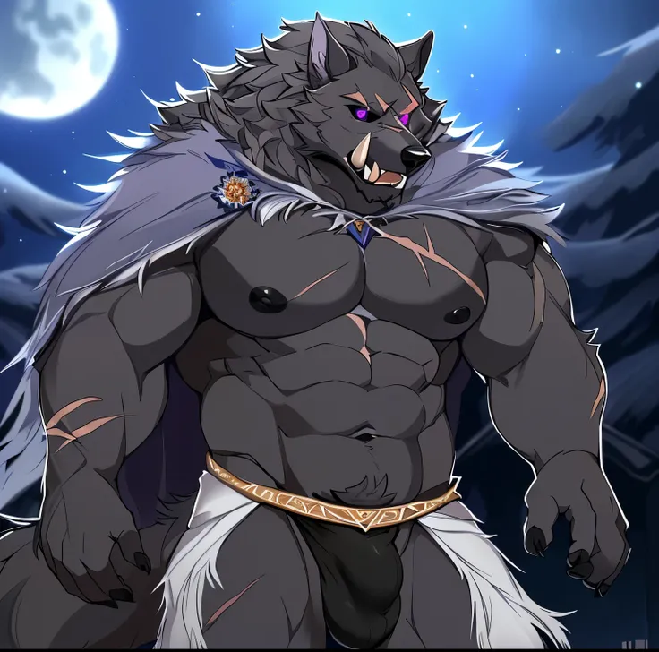 Solo, anthro, male (((blaidd_(elden ring) wolf, purple eyes, purple iris, black sclera, black pupils, broad shoulders, muscular, huge pecs, abs, triceps, black nipples, dark grey body, dark grey fur, grey hair, tuft, cheek tuft, neck tuft, long snout, teet...