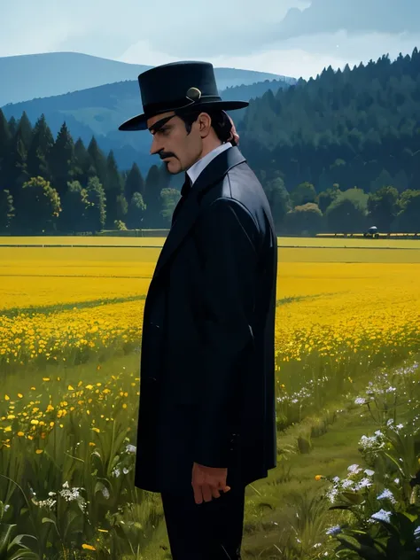 arafed man in a black coat and hat standing in a field, inspired by Cristache Gheorghiu, by Cristache Gheorghiu, by Muggur, inspired by Pál Balkay, scene from the movie godfather, the godfather, navid negahban, inspired by Aniello Falcone, clean from scene...