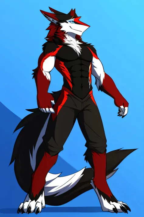 One,  1 boy ,  fluffy sergal ,  anthropomorphic, male, muscular in moderation, red, black and white dyed fur ,  blue-colored eyes, on a colored background . fluffy tail . standing pose,His face approaches 