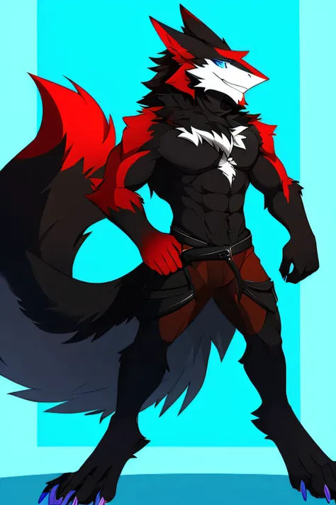 One,  1 boy ,  fluffy sergal ,  anthropomorphic, male, muscular in moderation, red, black and white dyed fur ,  blue-colored eyes, on a colored background . fluffy tail . standing pose,His face approaches 