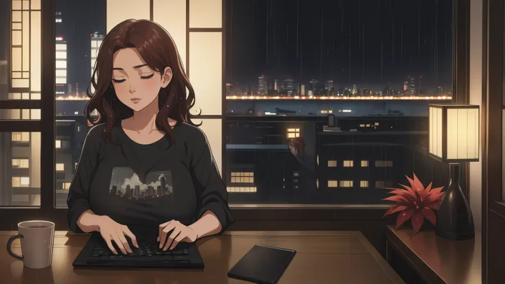 "A cozy room night scene rainy featuring A woman with short wavy auburn hair, wearing a lush black tshirt and fit jeans, The woman is focused on typing on a laptop placed on the desk. Behind her, a large glass window reveals a view of a Japanese city durin...