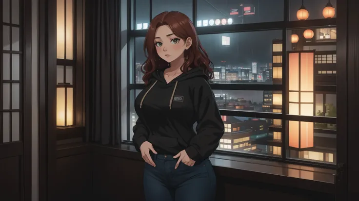 "A cozy room night scene rainy featuring A woman with short wavy auburn hair, wearing a lush black hoodie and fit jeans, The woman standing infront of window. Behind her, a large glass window reveals a view of a Japanese city during the rainy season, with ...