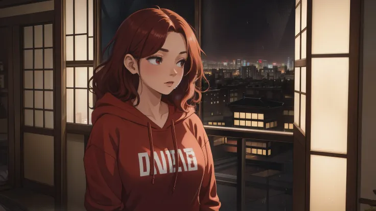 "A cozy room night scene rainy featuring A woman with short wavy auburn hair, wearing a lush red hoodie and fit jeans, The woman standing infront of window. Behind her, a large glass window reveals a view of a Japanese city during the rainy season, with ra...