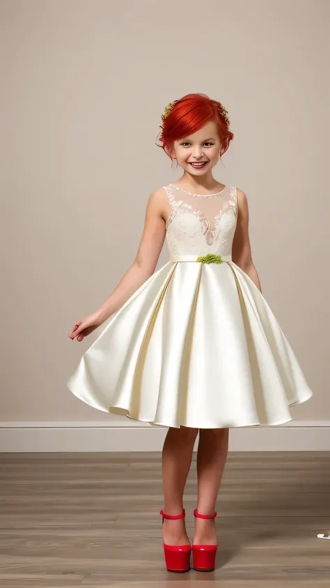 seven yearold petite, nude, tits, neon red hair, smiling, bride dress, standing, platform high heels,
