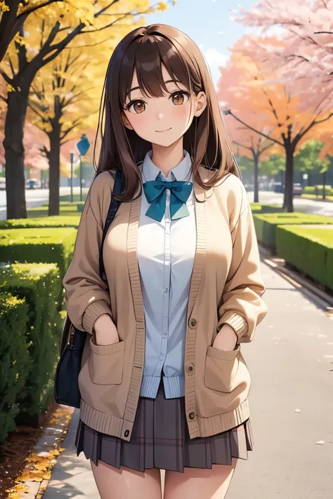 「20-year-old Japanese female university student, long light brown hair with natural makeup, wearing pastel cardigan and skirt, soft and gentle smile, background of a campus or park.」
Super big breasts