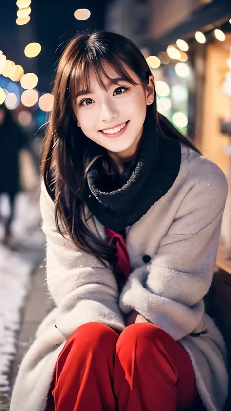 (Wore a winter uniform and scarf coat、 Close-up portrait of a girl with long hair and dull bangs:1.5)、(one person*** wearing a winter uniform and scarf coat spreads her arms and has a shy smile :1.5)、Age 25、( Christmas decorations on a street corner on a s...