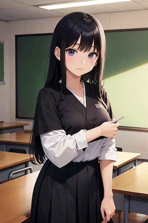 「20-year-old Japanese female university student, semi-long black hair, wearing a simple blouse and skirt, sharp eyes and intelligent expression, indoor classroom background.」
