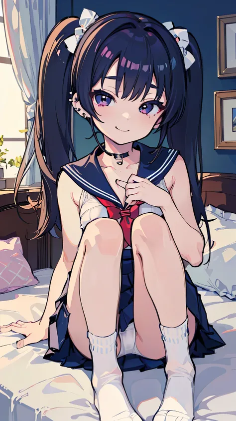 ((masterpiece、 top quality、 very detailed))、 One Girl 、 black hair、twintails、 gray eyes、evil smile、((lots of piercing))、(( smaller breasts))、(( sailor suit))、(( Navy Blue Pleated Skirt ))、((white socks))、((knees up))、((white panties))、 on the bed、(( Dark R...