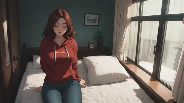 "A cozy and cinematic bedroom with a dark, rainy atmosphere, featuring A woman medium boobs with short wavy auburn hair, wearing a lush red hoodie and fit jeans, laying on the bed, The room is illuminated by moody neon lights in shades of deep purple and s...