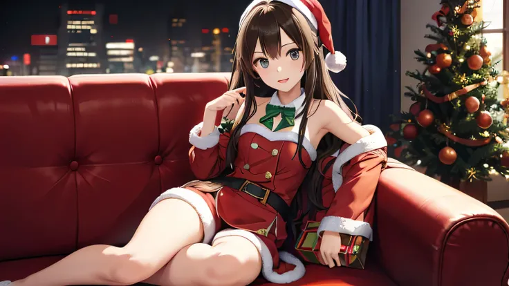 solo、((Shibuya Rin))、 Santa Costumes、 sitting on the sofa、indoor、 Christmas tree、 top quality、 Masterpiece、 HIGHEST DETAILS 
