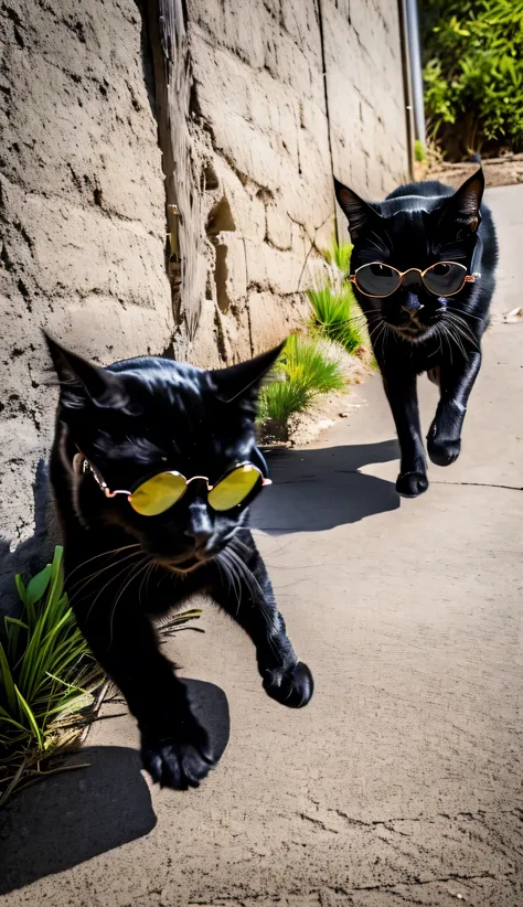  black cat with dark glasses, realistic,  high definition ,   running away from the house of its owner , to experience an adventure , angle of the photo , a selfie