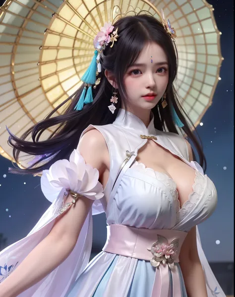 in qipao chinese,(8k, RAW photo:1.2), best quality, ultra high res,dramatic angle,(fluttered detailed color splashs), (illustration),(( girl godees, cute l2 old detail face, masturbate, big breast wet water,))),(long hair),(rain:0.9), (Headdress:1.4),There...