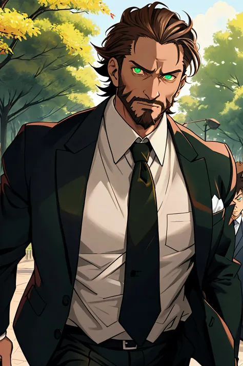 in the style of mature anime  .  make an older man , at 35 years old ,  green eyes ,  brown hair  , barba .  with formal work clothes  , walking through a park .  Give a dark look  ,  as if their eyes were glowing wolf eyes , with his expression full of ma...