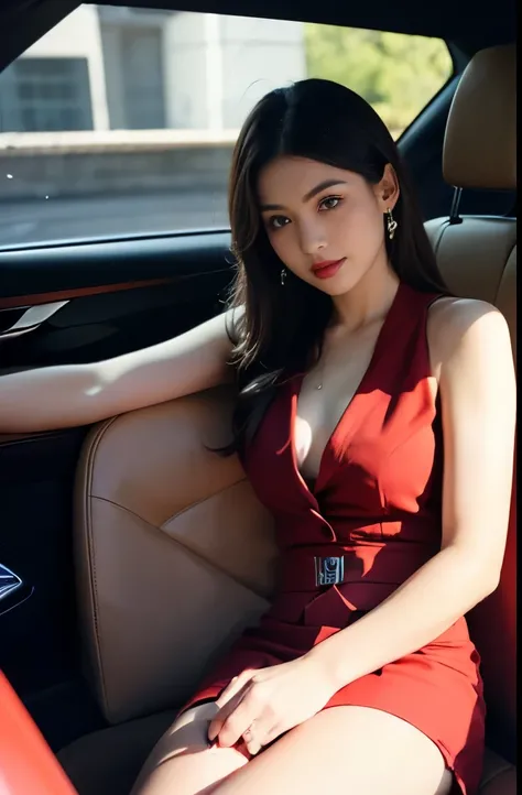 (masterpiece:1.3), (8 thousand,  realistic, RAW photos,  best quality : 1.4), (1 female),(((Sit in the drivers seat wearing a sexy red short skirt suit in a luxury convertible sports car))), (((The driver&#39;s side door is open.))),  (((하체에 짙은색  realistic...