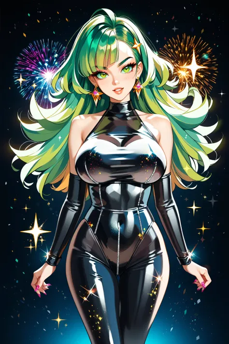 Japanese girl, (anime), manga, sexy, One Full Growth in Latex, sparkles, Pink Green Hair, posing, ((Glitter Dust)), dynamic shadows, masterpiece, bright colors, Shimmers, clear details, beautiful appearance, masterpiece, best quality, perfect anatomy, very...