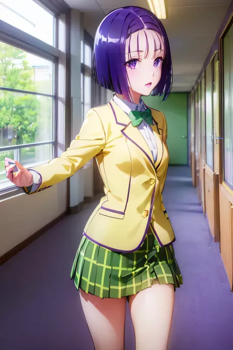  Perfect Anatomy　 top quality, highest resolution,(((Light yellow school uniform in metallic shiny latex　 blazer　 shiny latex green plaid mini skirt　 purple hair　 purple eyes)))　tolover　Haruna Sairenji　School　