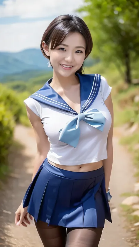  top quality 、8k、masterpiece、  super high resolution  、Clear Photo、 PROFESSIONAL LIGHTING 、 natural light、 realistic 、 High Definition Skins 、 Perfect Anatomy、  one woman、Age 30、baby face:1.8、smile、Big Breasts、saggy breasts:1.4、 no bra 、 blue hair、(( sailo...