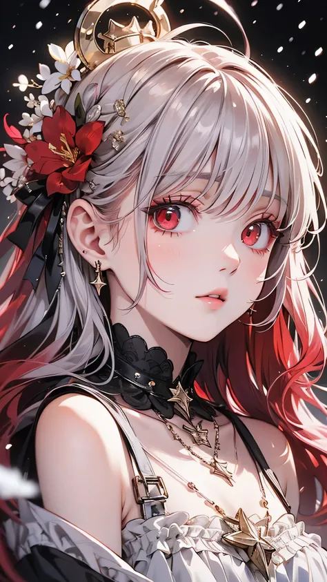 {{masterpiece}}, top quality, very detailed with crimson hair, very detailed with crimson hair CG ユニティ 8k 壁紙, illustrations,  One Girl ,  red eyes,   wavy silver hair ,  holding a star , ,  dress,  necklace,   hair flower , snow, ice, whole body, shot, clo...