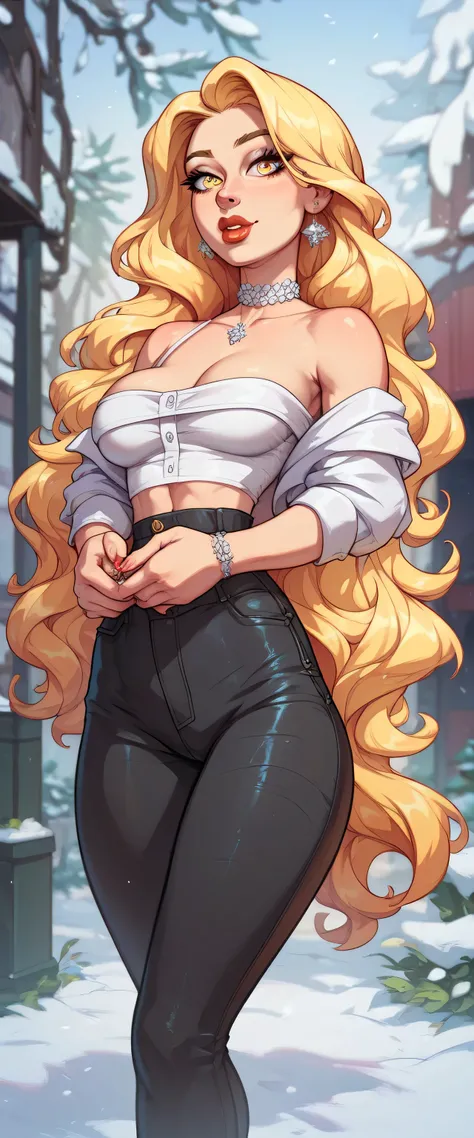  A sexy Russian girl beautiful beautiful long yellow hair wavy smooth her yellow eyes bright red lips wears a wide curved white blouse and a pair of black metallic pants sock gray fleece snow boot