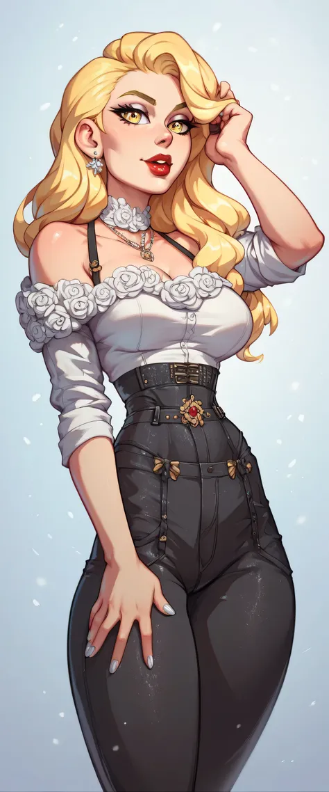  A sexy Russian girl beautiful beautiful long yellow hair wavy smooth her yellow eyes bright red lips wears a wide curved white blouse and a pair of black metallic pants sock gray fleece snow boot