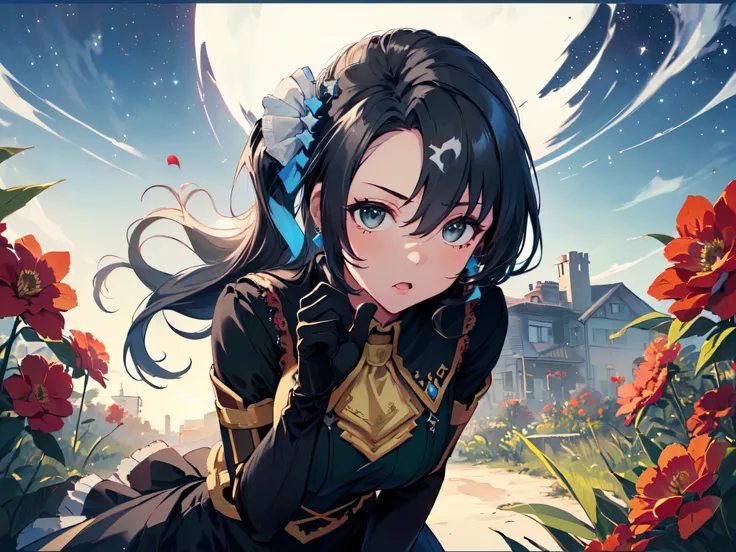 (One small-breasted girl:2), (Leaning forward to accentuate her upper body:2), (Sexy gaze:2), (Long black hair:2), (Hair tied in a large blue ribbon:2), (Ribbon covering chest, flashy dress with high neck and mostly blue collar, black opera gloves:2), (Lot...