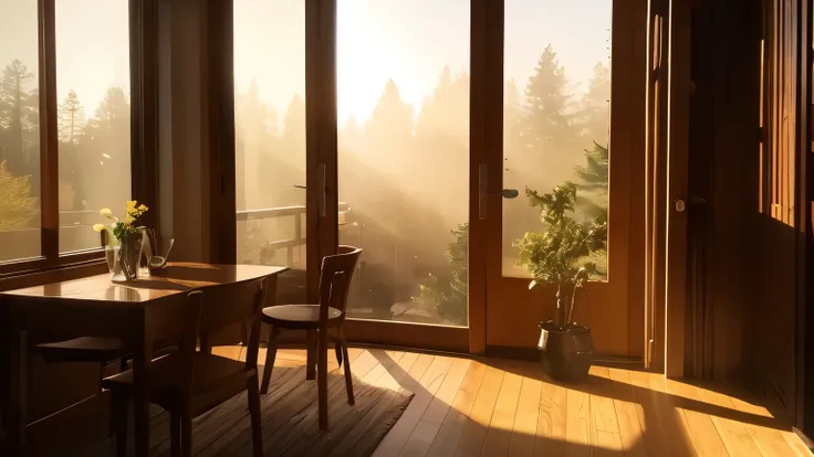 A cozy morning scene with a steaming coffee cup placed on a wooden table by the window. Warm sunlight streams through the window, softly illuminating the scene. The steam rises gently and subtly from the cup, with a faint, translucent quality. The movement...