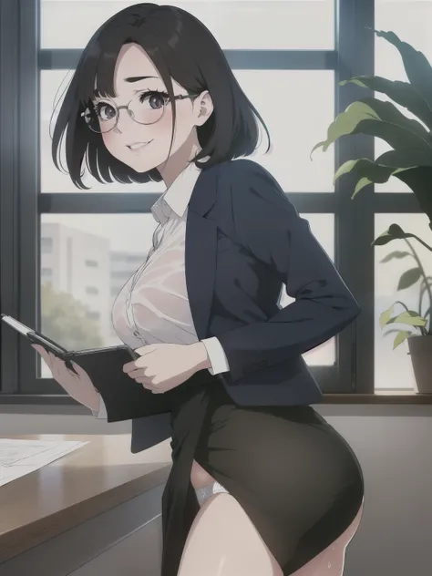 (((round face))), ((focus on her orgasm face)), ((drooping eyes, shame smiling, blush, stylish glasses)), receptionist, (in the office building), ((holding documents and clipbrd)), small breasts, (transparent see through shirt) with her (erect nipples:0.8)...