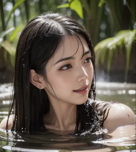 Japanese beautiful classy lady, narrow face, face forward, See here, red lips, wet skin, wet hair, naked, slim figure, a slender waist, sitting in a deep hot springs by bamboo forest, Soak up to the shoulders in the deep hot springs, in a cloud of steam, u...