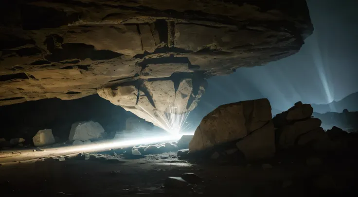 Ancient stone cutting technology in action, mysterious light beams precisely cutting massive stones, dark dramatic atmosphere, technological ancient civilization, cinematic composition, photorealistic style, aspect ratio 16:9, dramatic shadows, high detail...