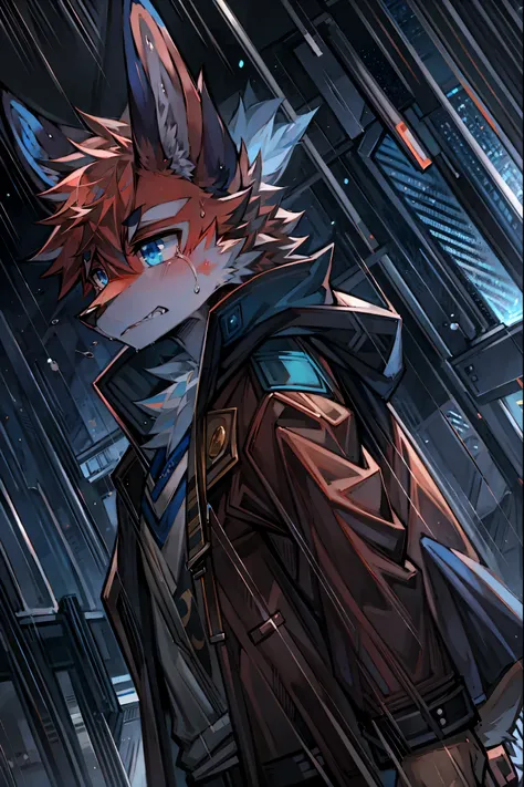 masterpiece,High quality,furry,male,(odd eyed African wild dog),(blue&red fur),crying,jacket,rainy city,perfect background,dynamic,one person,anime style,About 18 years old