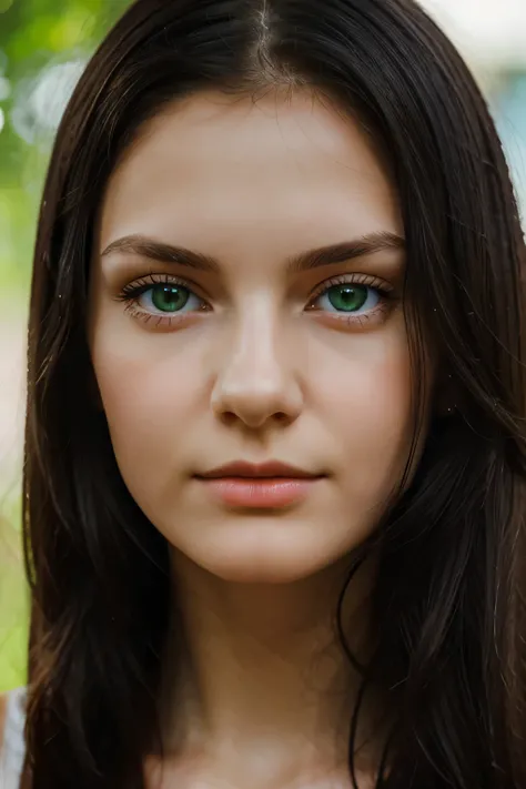 Young White Slavic woman, delicate,  young woman with small nose with long straight black hair and green eyes .  focus on the face