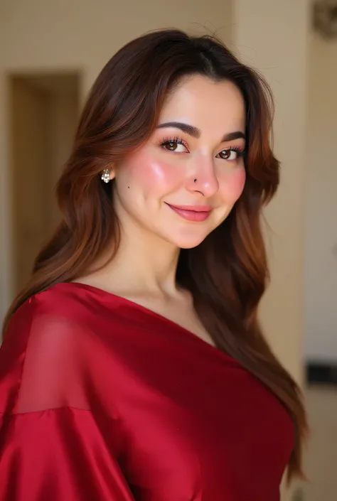 hania amir in satin maroon saree , 20 years old , waist high saree, white navel, mini blouse, cute face , big eyes , big eyeball , pretty face ,
Pretty face , half pose , hot body , big hugs breasts , white skin , red dress ,
